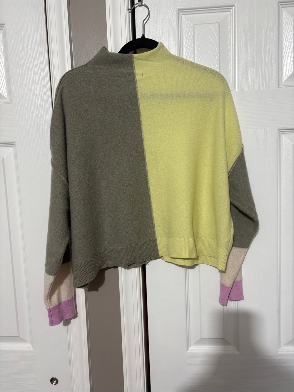 Pilcro Two-Tone Crewneck Sweater in Yellow and Gray with Pink Accents - Picture 4 of 10